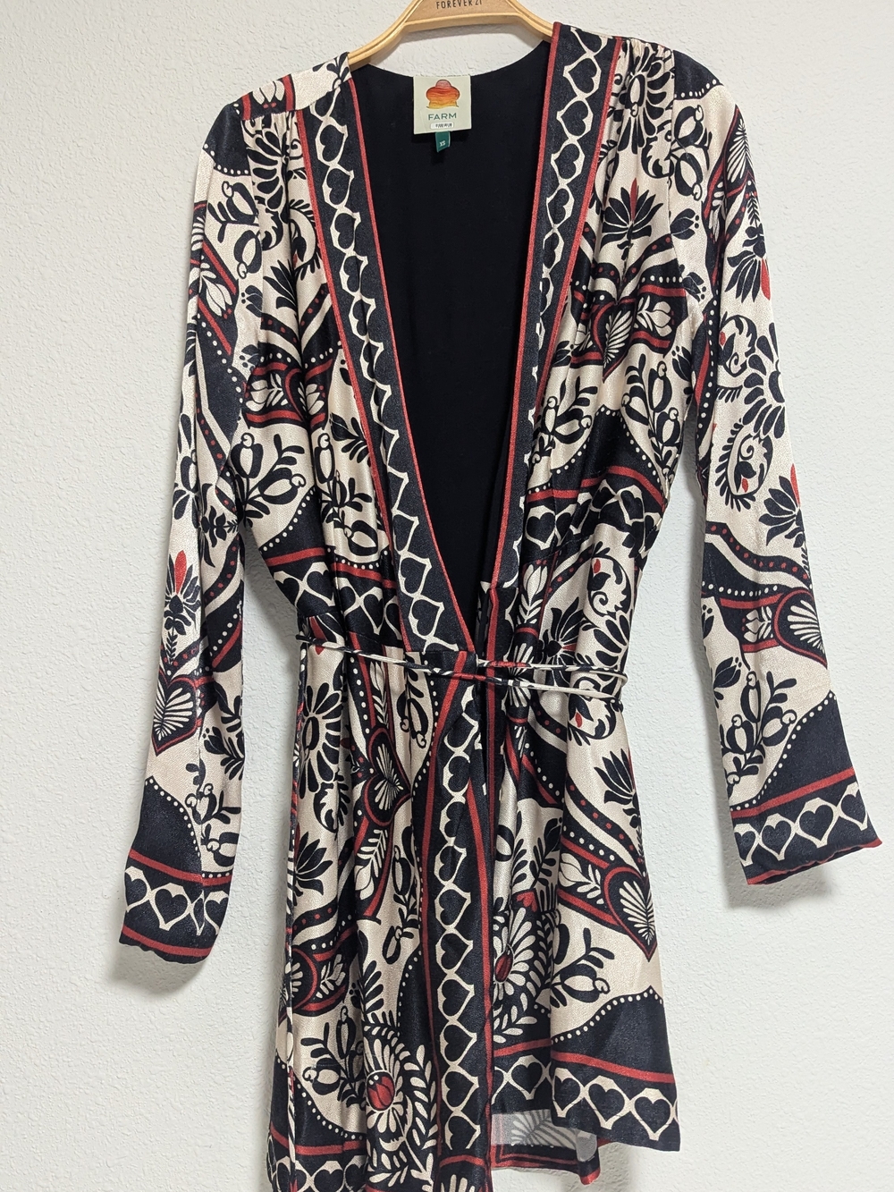 FARM Rio Printed Wrap Mini Dress XS Black Cream Red Long Sleeve Tie Waist